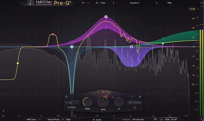 Interfaz avanzada de FabFilter Pro-Q ecualizando múltiples bandas en DAW