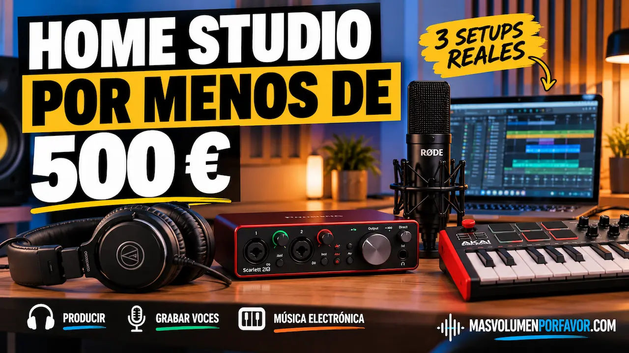 Home studio por menos de 500 euros con interfaz Focusrite, micrófono RØDE, auriculares y controlador MIDI