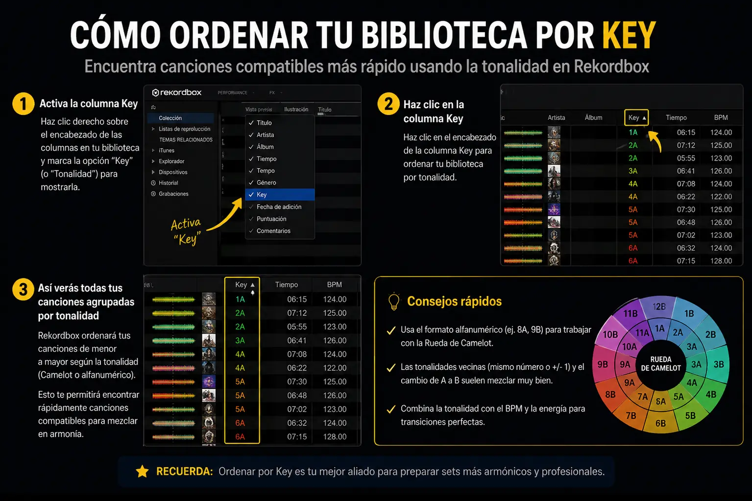 Cómo ordenar la biblioteca por Key en Rekordbox usando la Rueda de Camelot