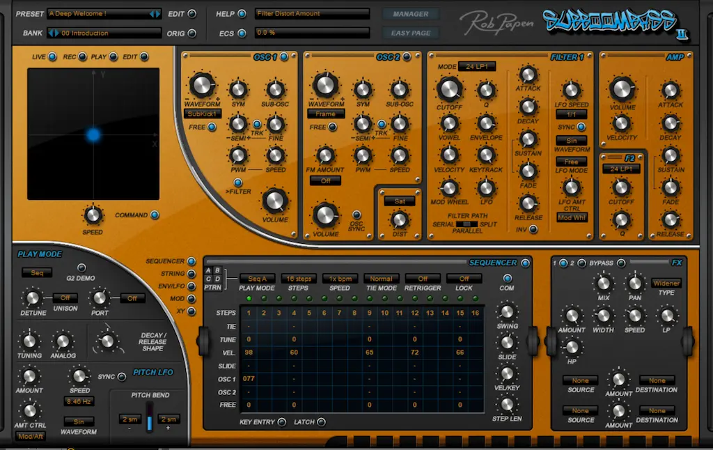 Vista detallada del diseño clásico del plugin Rob Papen SubBoomBass 2 con sus controles y secuenciador