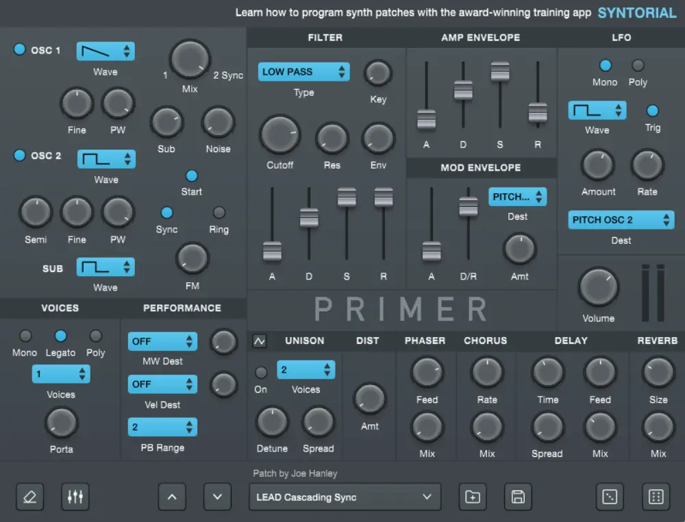 Panel de control del sintetizador Primer con osciladores, filtros, envolventes y efectos