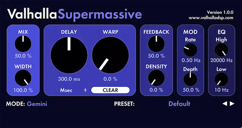 Interfaz de Valhalla Supermassive, uno de los mejores plugin gratuitos para producción musical de reverb y delay en 2025