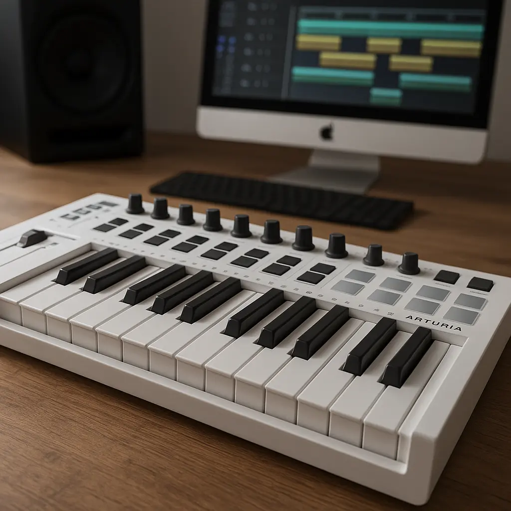 Teclado controlador MIDI en estudio de producción musical 2025