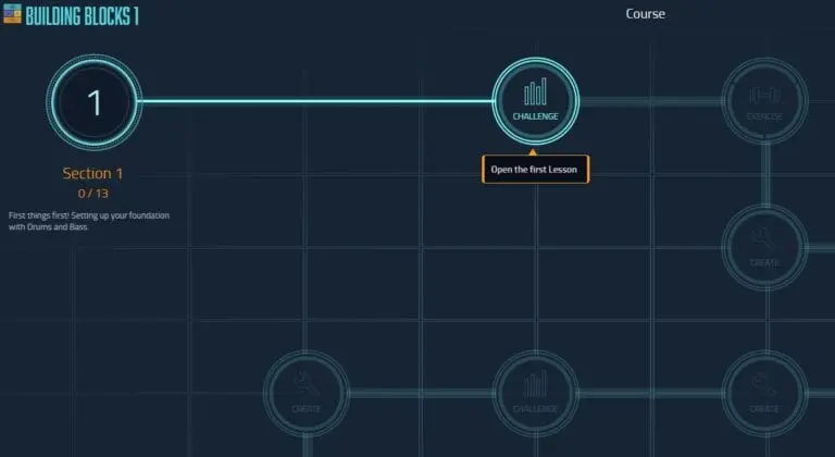 Interfaz del curso Building Blocks mostrando el flujo de lecciones y desafíos en la plataforma de Audible Genius