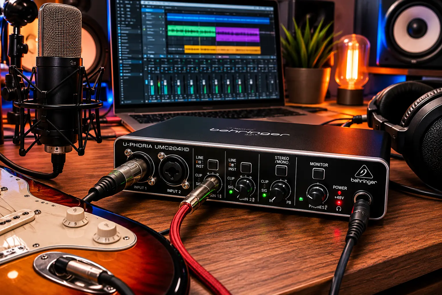 Behringer UMC204HD conectada a un micrófono XLR y una guitarra en un home studio