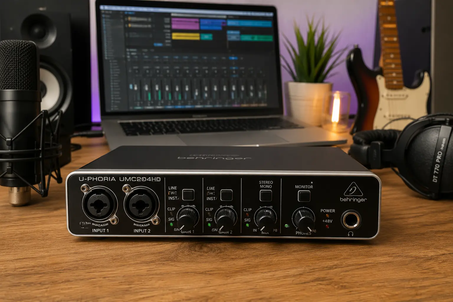 Behringer UMC204HD en un home studio con portátil, micrófono y auriculares