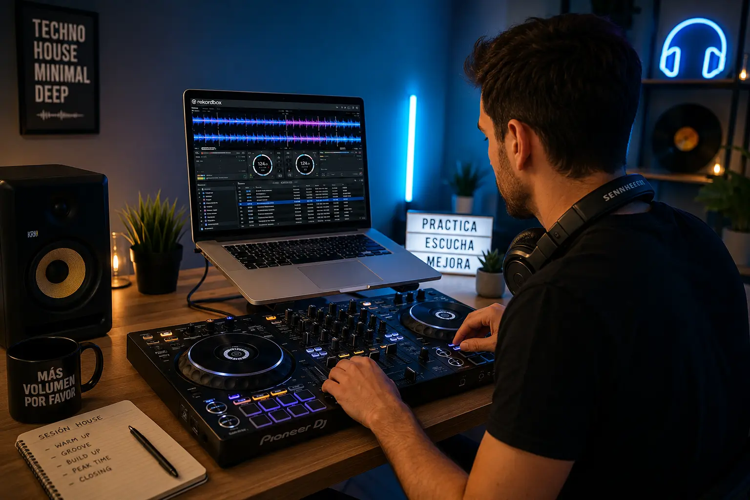 DJ practicando mezclas con una controladora y Rekordbox desde casa