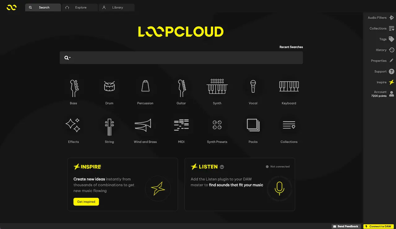 Interfaz principal de Loopcloud 8 con Inspire y Listen