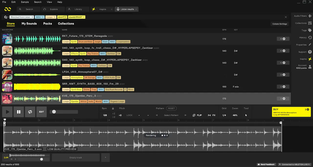 Loopcloud Listen mostrando sonidos recomendados para un proyecto de Ableton Live