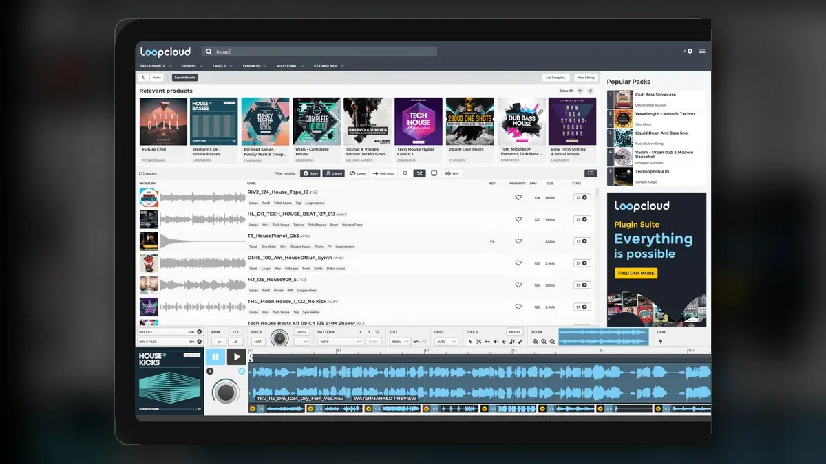 Interfaz oficial de Loopcloud para buscar, previsualizar y editar samples