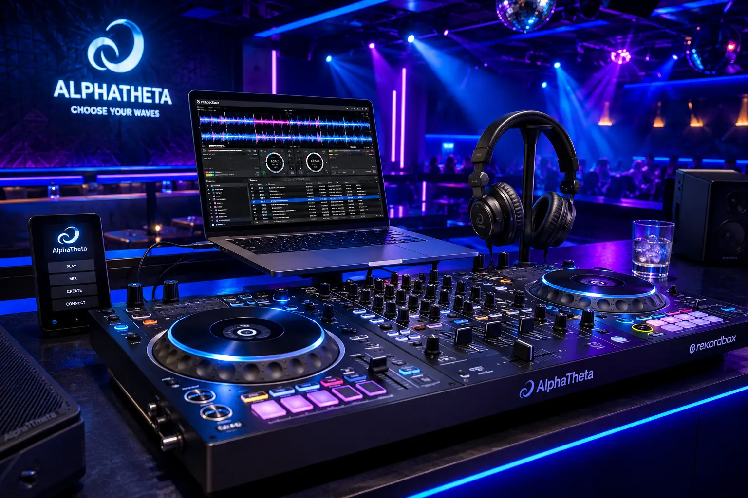Manual DJ en PDF con controladora AlphaTheta, portátil con Rekordbox y auriculares profesionales en una cabina DJ moderna