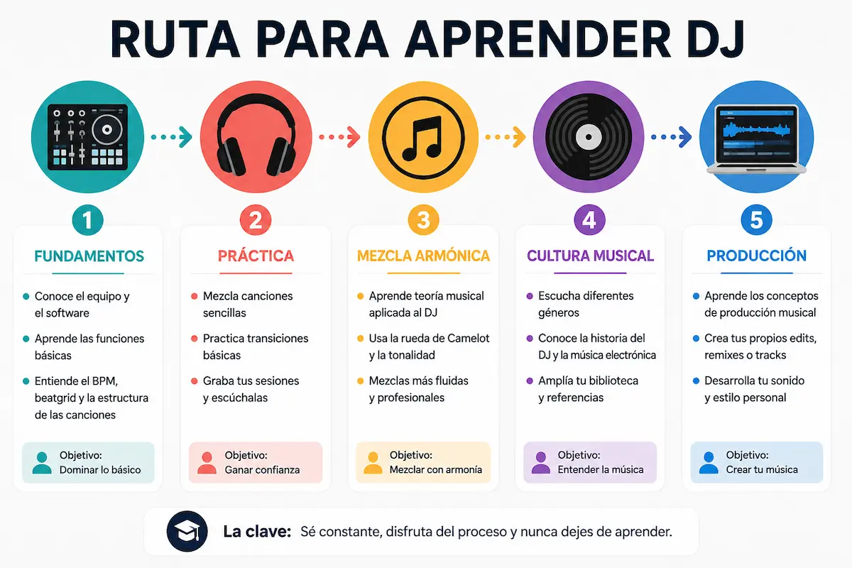 Infografía con la ruta para aprender DJ: fundamentos, práctica, mezcla armónica, cultura musical y producción