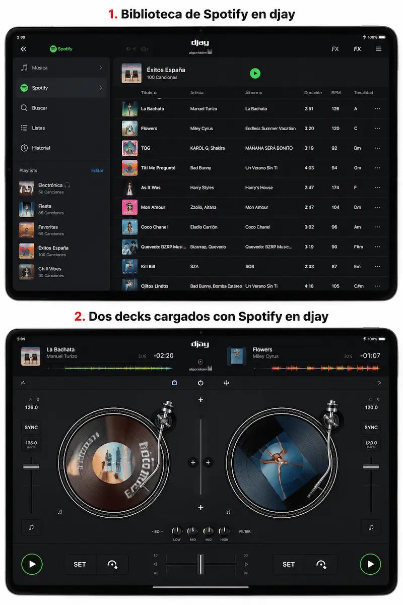 Spotify en djay para iPad con biblioteca musical y dos decks cargados