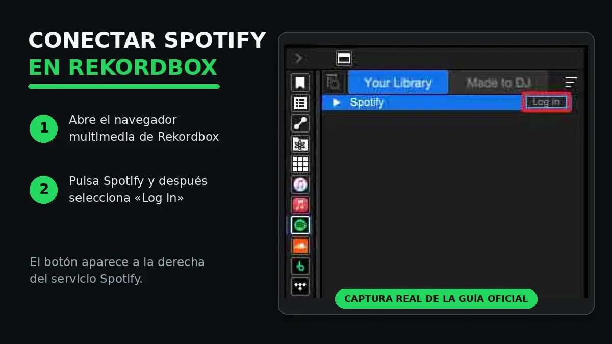 Botón Log in de Spotify dentro del navegador de Rekordbox