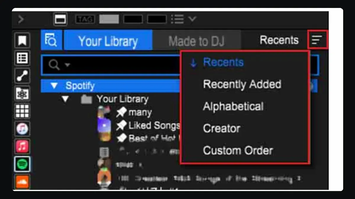 Biblioteca y playlists de Spotify dentro del navegador de Rekordbox