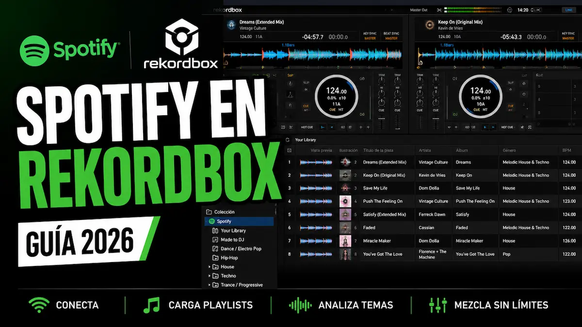 Spotify en Rekordbox con playlists, formas de onda y decks para mezclar música