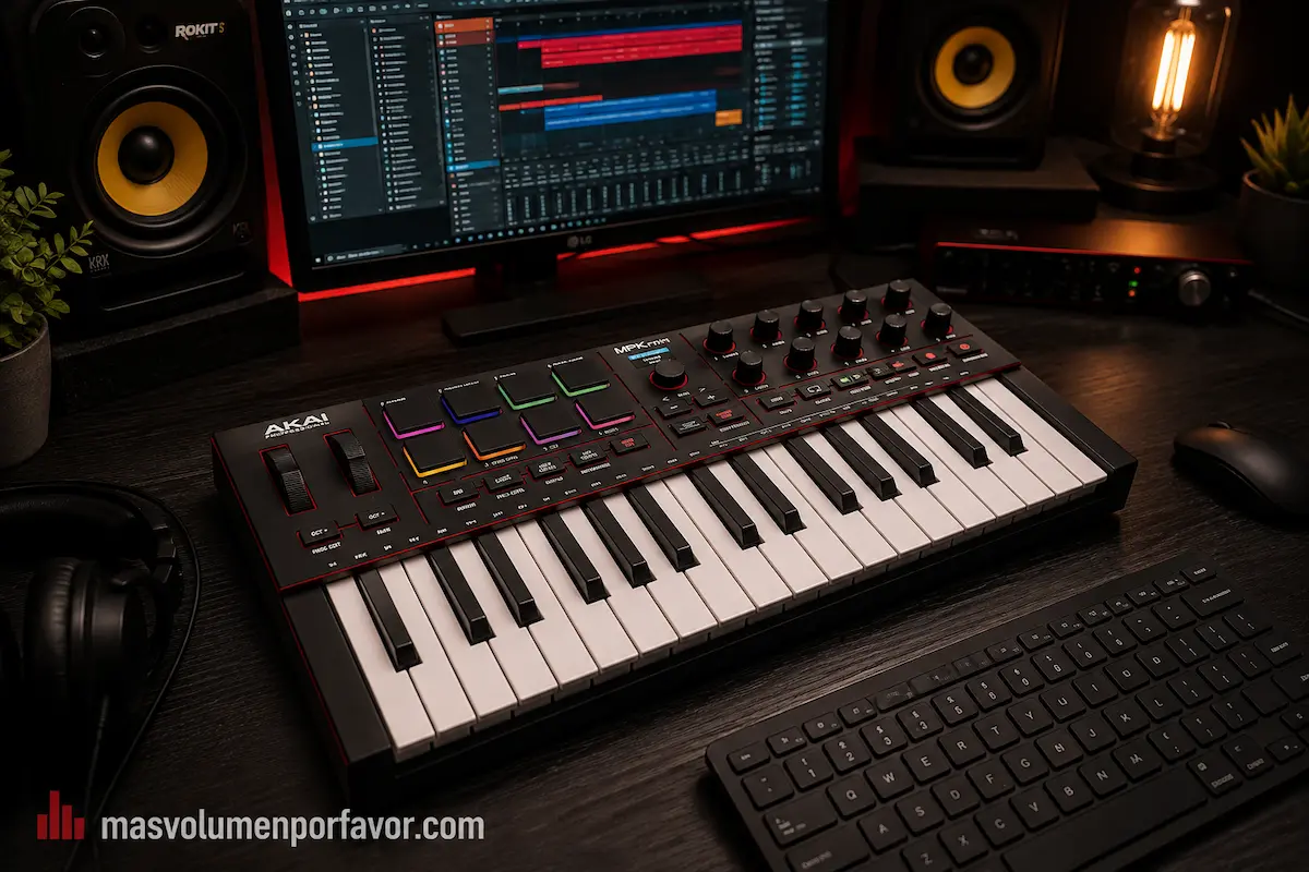Akai MPK Mini IV en un home studio con ordenador, DAW, monitores de estudio e interfaz de audio