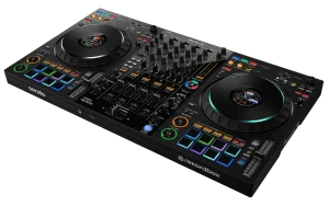 Controladora DJ AlphaTheta DDJ-FLX10 de cuatro canales vista desde arriba