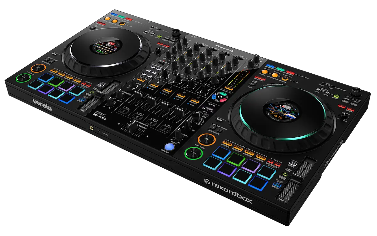 Controladora DJ AlphaTheta DDJ-FLX10 de cuatro canales vista desde arriba