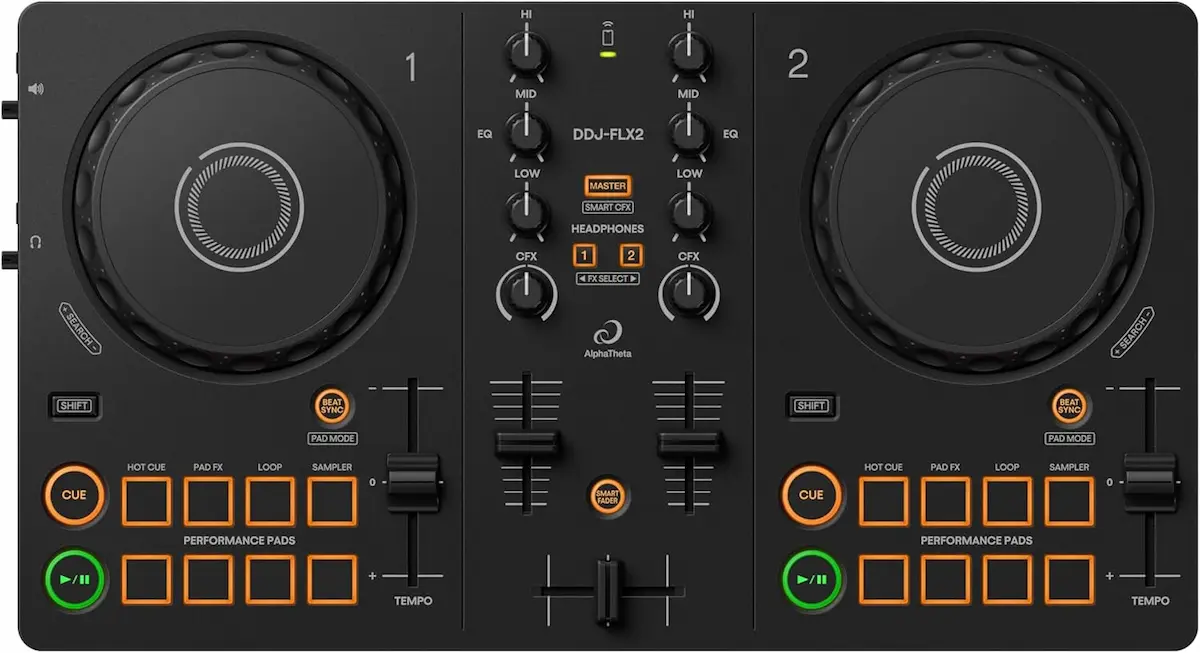 Controladora DJ AlphaTheta DDJ-FLX2 vista desde arriba