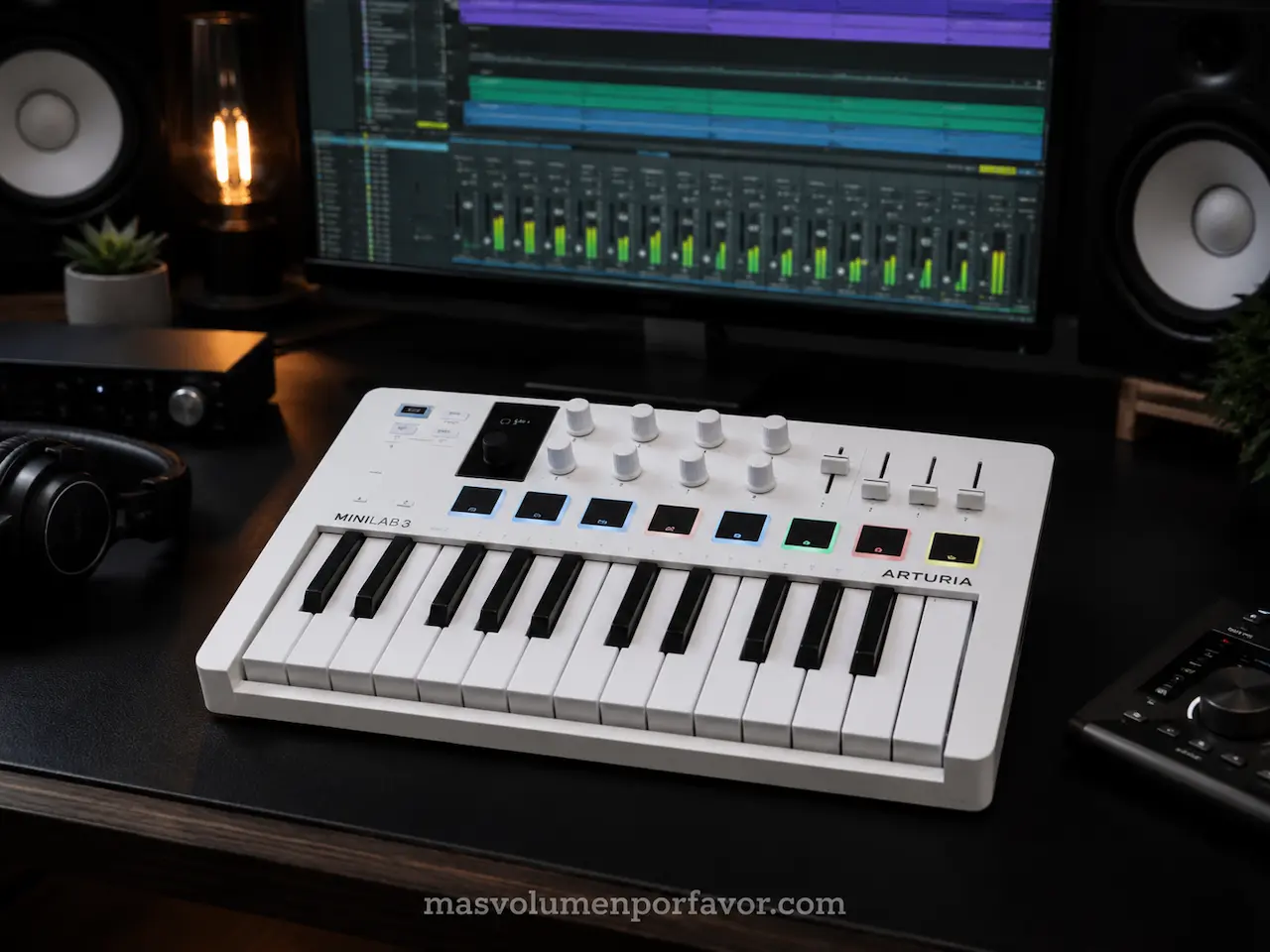 Arturia MiniLab 3 en un home studio con ordenador, DAW, monitores de estudio e interfaz de audio