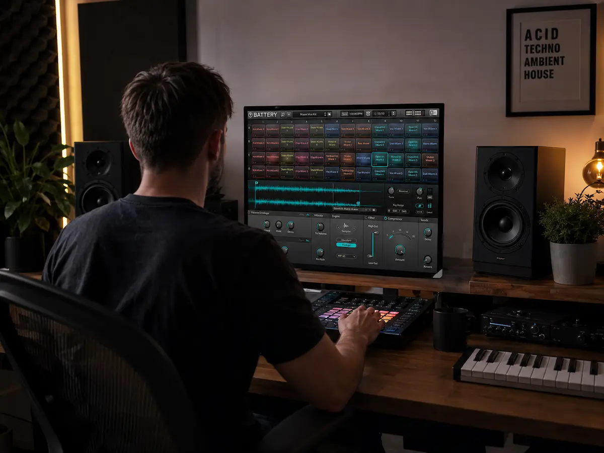 Productor visto desde atrás trabajando con Battery 4 en un estudio de house y techno