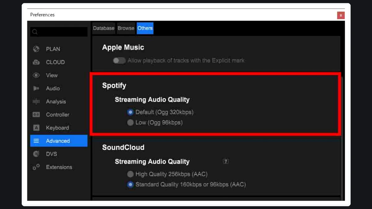 Opciones de calidad de Spotify a 320 kbps y 96 kbps en Rekordbox