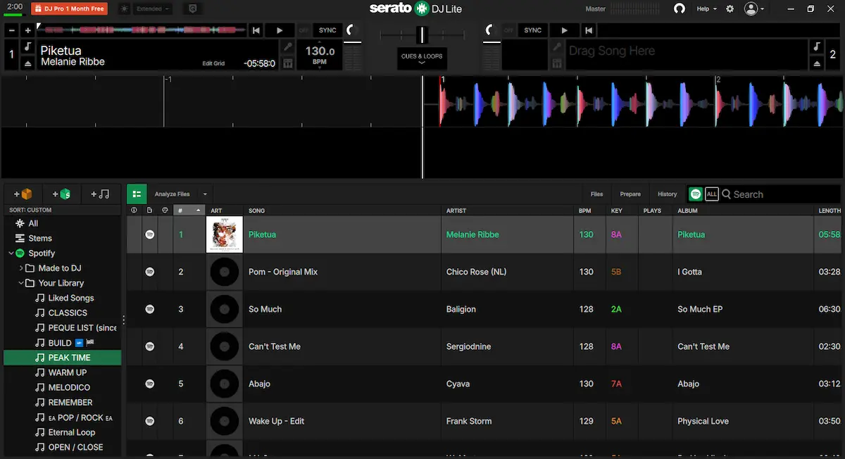 Canción de Spotify cargada y analizada en un deck de Serato DJ Lite