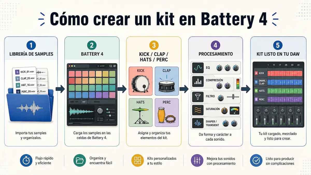 Infografía sobre cómo crear un kit en Battery 4 con samples, procesamiento y DAW