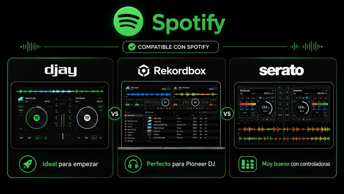 Comparativa de djay, Rekordbox y Serato como apps compatibles con Spotify para DJ.