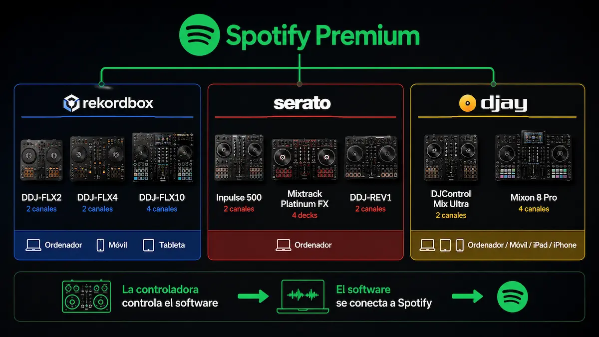 Infografía de controladoras DJ compatibles con Spotify mediante Rekordbox, Serato y djay