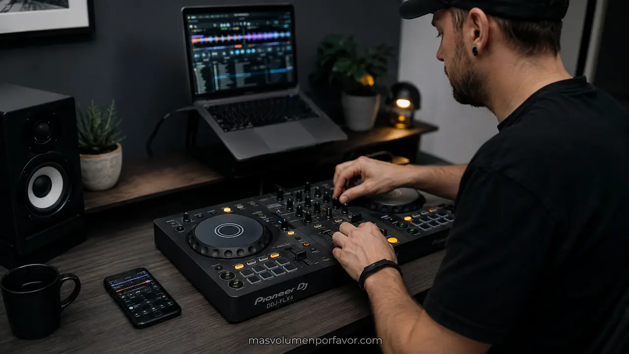 DJ utilizando una DDJ-FLX4 con portátil, rekordbox y teléfono móvil en un home studio