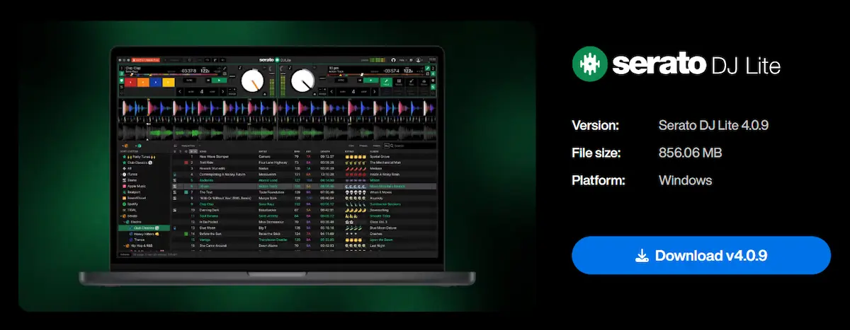 Página oficial de descarga de Serato DJ Lite 4.0.9 para Windows