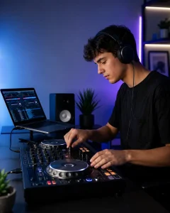DJ practicando con una controladora y software para aprender a pinchar