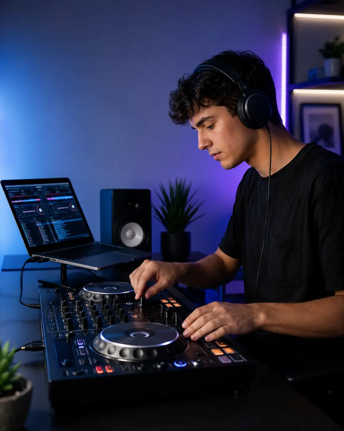DJ practicando con una controladora y software para aprender a pinchar