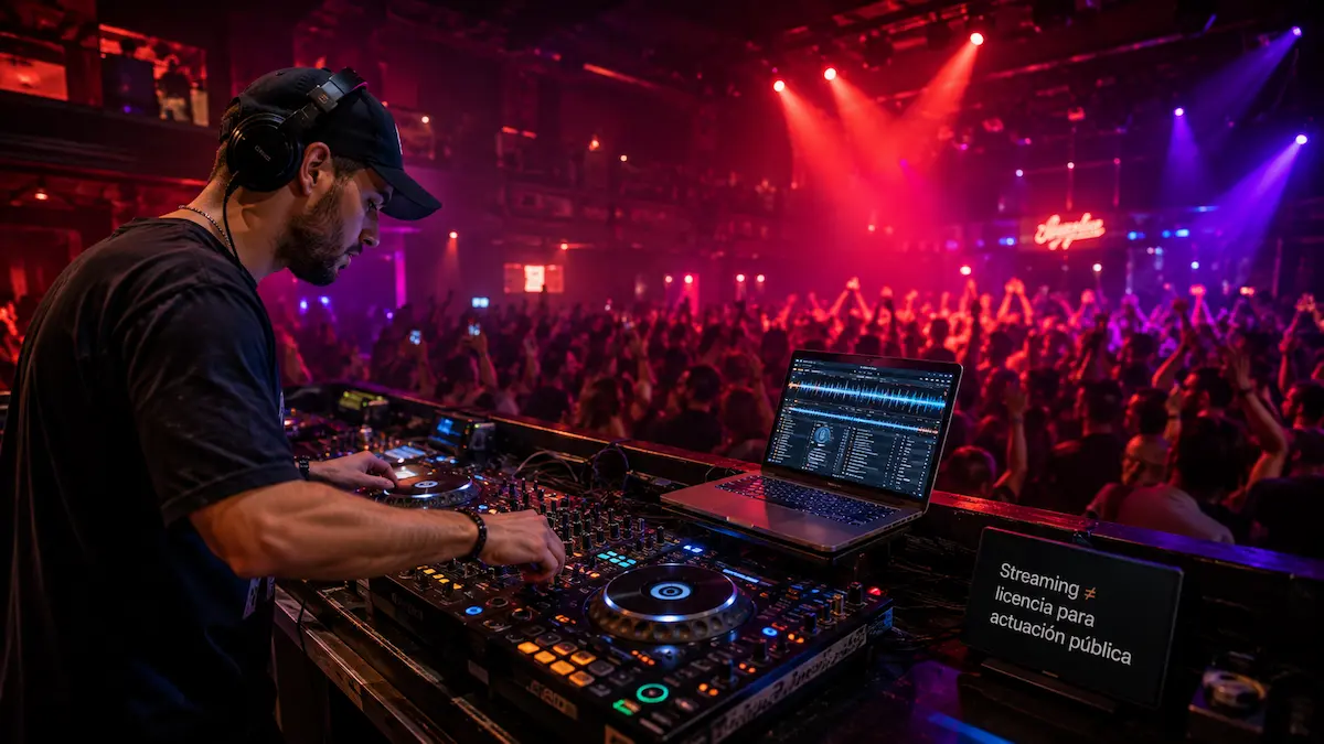 DJ actuando en un club con aviso sobre licencias de streaming