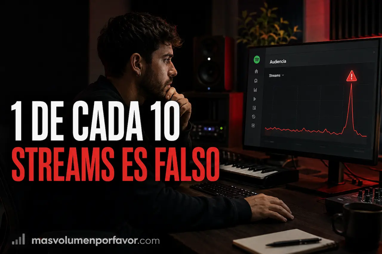 Productor musical en home studio observando una gráfica de streams sospechosos en pantalla, representando el fraude en el streaming y las reproducciones falsas.