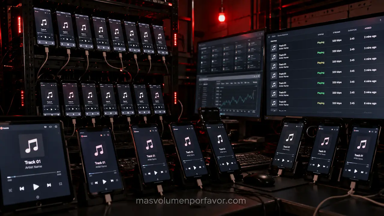 Recreación de una granja de streaming con varios móviles y ordenadores reproduciendo música de forma automatizada para ilustrar el fraude en el streaming musical.