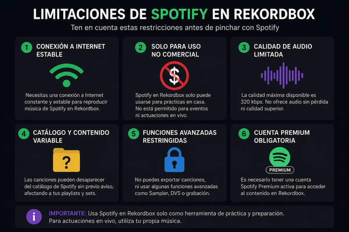 Infografía sobre las principales limitaciones de Spotify en Rekordbox