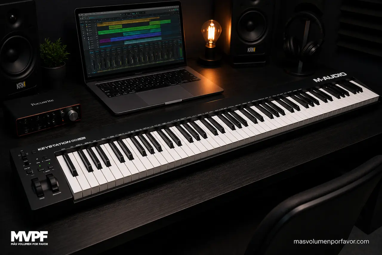 M-Audio Keystation 88 MK3 en un home studio con ordenador, DAW, monitores de estudio e interfaz de audio