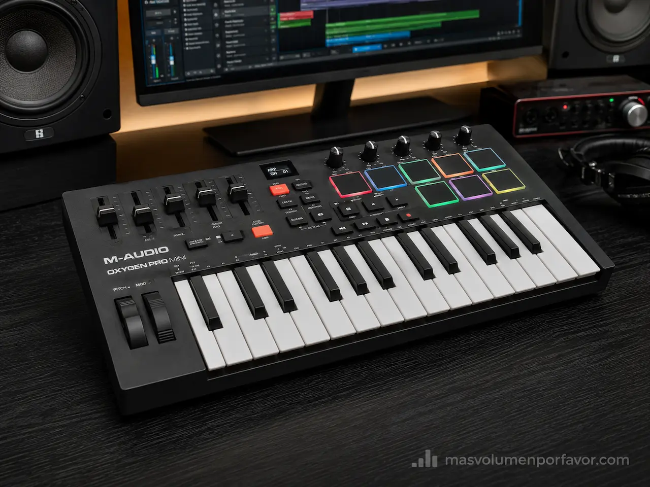 M-Audio Oxygen Pro Mini en un home studio con ordenador, DAW, monitores de estudio e interfaz de audio