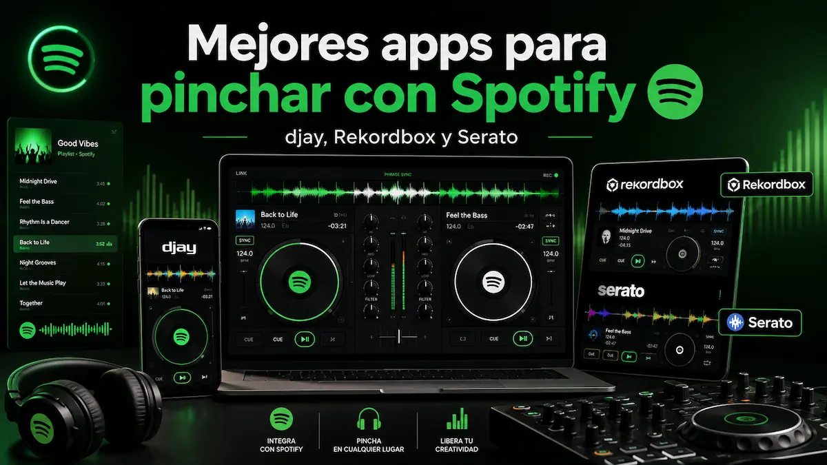 Comparativa visual de las mejores apps para pinchar con Spotify en 2026: djay, Rekordbox y Serato.
