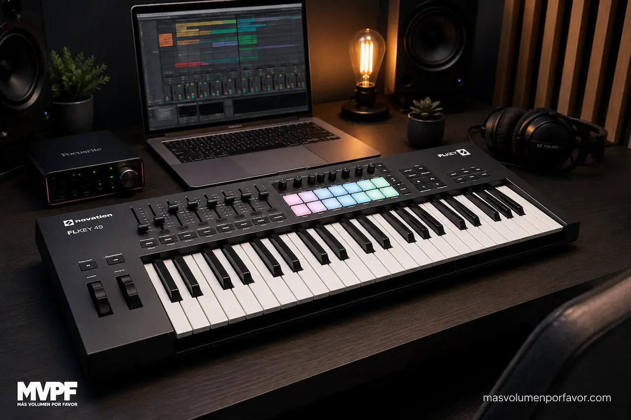 Novation FLkey 49 MK2 en un home studio con ordenador, DAW, monitores de estudio e interfaz de audio