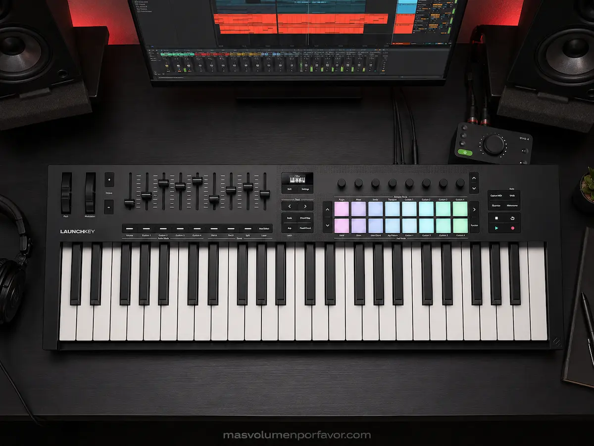 Novation Launchkey 49 MK4 visto desde arriba en un home studio con ordenador, DAW y monitores de estudio