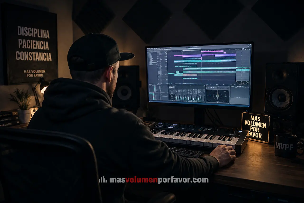 Productor musical independiente trabajando en una canción desde su home studio con ordenador, DAW, teclado MIDI y monitores.