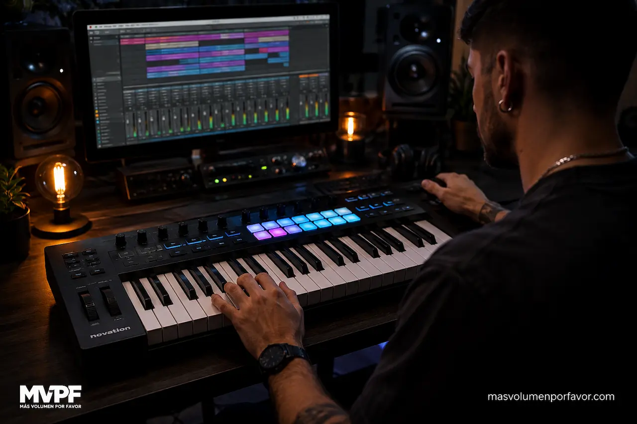 Productor musical trabajando de noche con un teclado MIDI de 49 teclas en un home studio con DAW y monitores de estudio