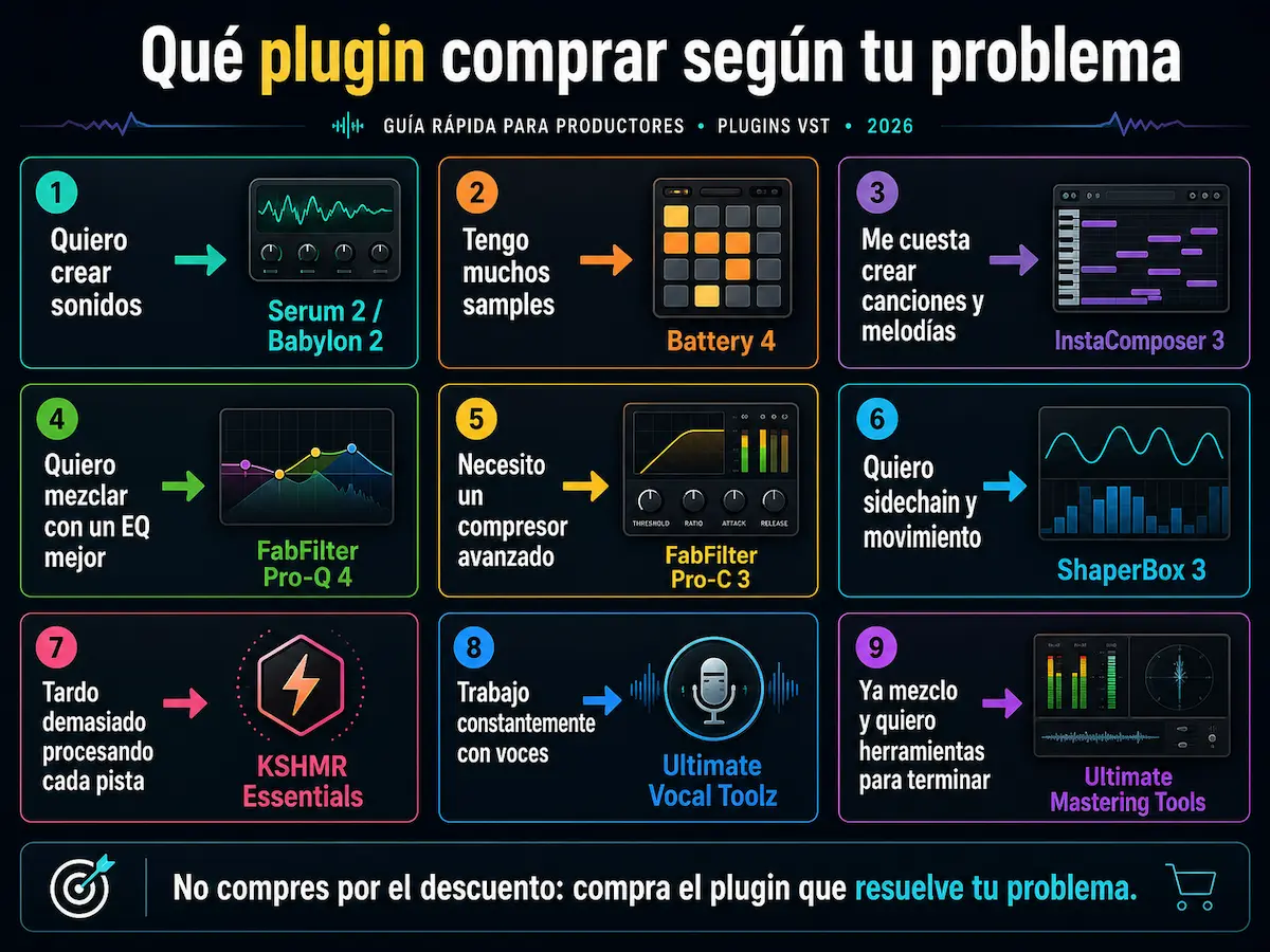 Infografía para elegir qué plugin VST comprar según el problema de producción, mezcla o mastering