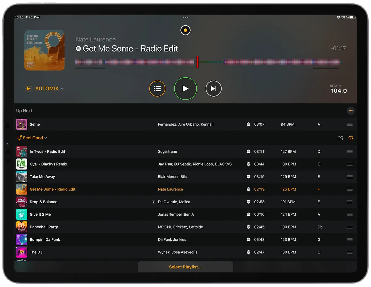 Spotify funcionando con Automix en djay para iPad