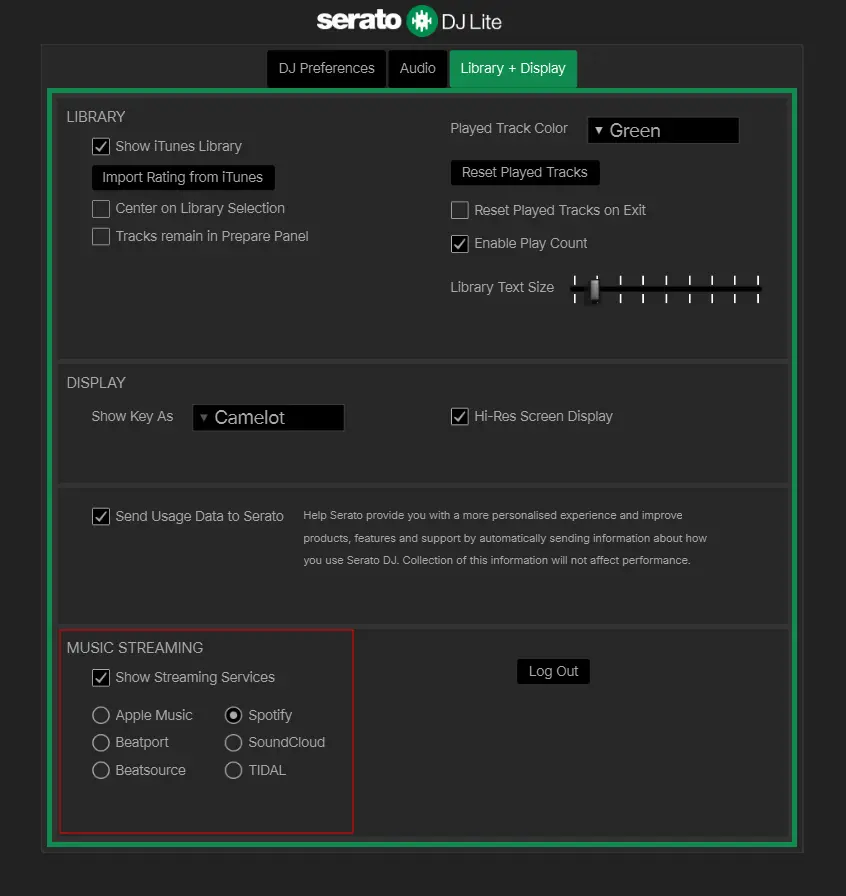 Ajustes de música en streaming con Spotify seleccionado