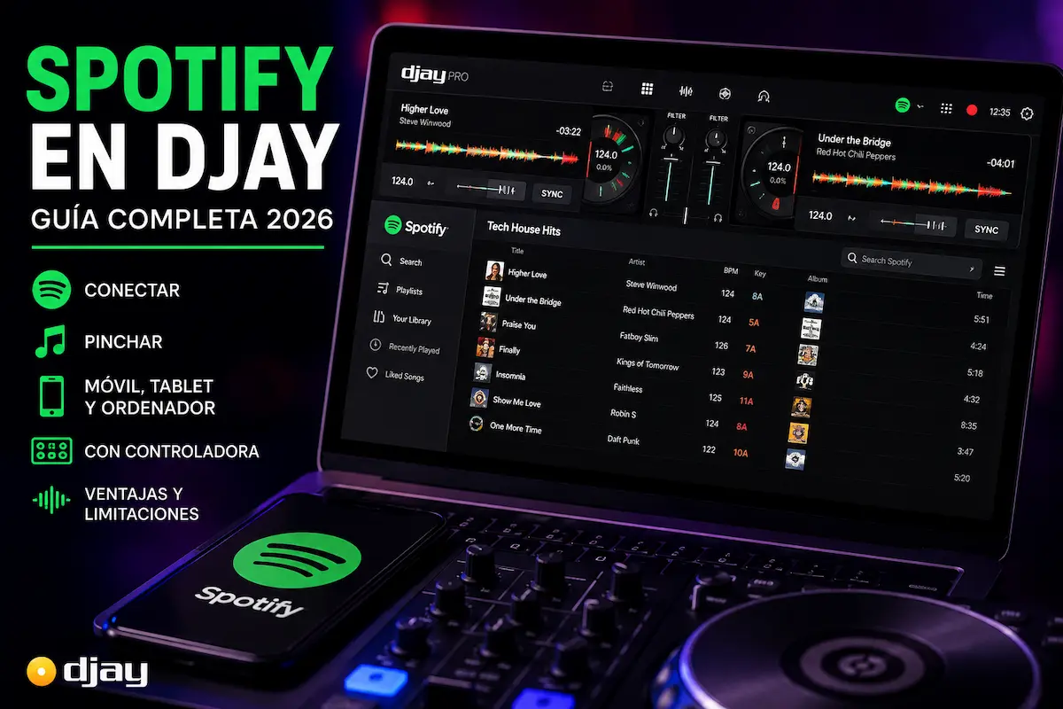 Spotify en djay 2026 con portátil, controladora DJ y móvil